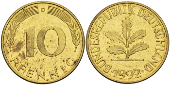 ФРГ 10 пфеннигов 1992 D KM 108, J. 383 сталь плакированная латунью 4175-1233