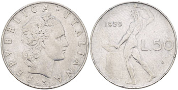 ИТАЛИЯ 50 ЛИР 1959 R, БОГ ОГНЯ ВУЛКАН У НАКОВАЛЬНИ, РЕДКИЙ ГОД KM 95.1 нержавеющая сталь 4551-336