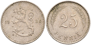 ФИНЛЯНДИЯ 25 ПЕННИ 1935 S KM 25 медно-никель 192-1156