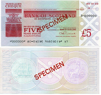 АНГЛИЯ ДОРОЖНЫЙ ЧЕК НА 5 ФУНТОВ БАНКА ШОТЛАНДИИ (ЛОНДОН, BISHOPSGATE 30), SPECIMEN бумага UNC (ПРЕСС) 6280-19-2-1