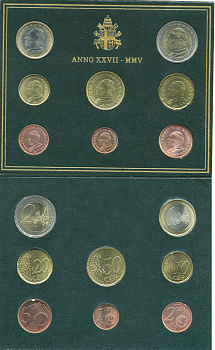 Ватикан евронабор из 8 монет 2005 Папа Иоанн Павел II, в оригинальном буклете KM MS 111 биметалл UNC 7-1-1-22