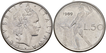 Италия 50 лир 1989 R, бог Вулкан у наковальни KM 95.1 нержавеющая сталь 4156-746