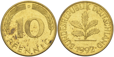 ФРГ 10 пфеннигов 1992 D KM 108, J. 383 сталь плакированная латунью 4175-1233