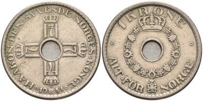 Норвегия 1 крона 1951 Хокон VII (1905-1957) KM 397.1 медно-никель 4591-942