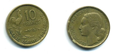 ФРАНЦИЯ 10 ФРАНКОВ 1957 KM 915.1, LE FRANC 363.13 алюминиевая бронза 46-437