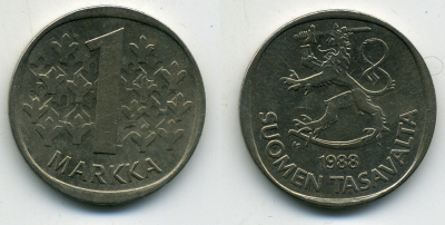 ФИНЛЯНДИЯ 1 МАРКА 1988 KM 49a медно-никель 61-1245