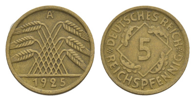 Германия 5 рейхспфеннигов 1925 A KM 39, J. 316 алюминиевая бронза 4615-138