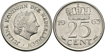 НИДЕРЛАНДЫ 25 ЦЕНТОВ 1963 ЮЛИАНА KM 183 никель 96-154