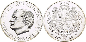 Швеция 200 крон 1983 Карл XVI Густав (1973- ), 10 лет правления KM 862 серебро 1069-10-22
