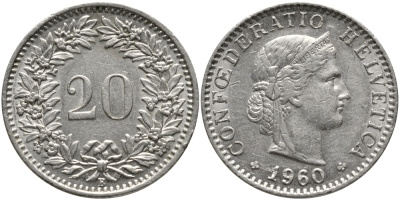 Швейцария 20 раппенов 1960 KM 29a медно-никель 4622-342