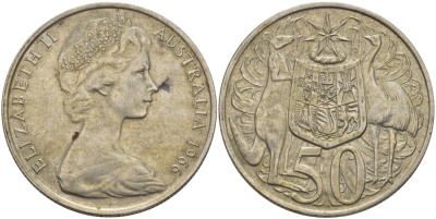 Австралия 50 центов 1966 Елизавета II (1952-2022), герб Австралии, кенгуру KM 67 серебро 82-822