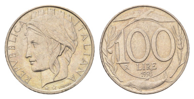 Италия 100 лир 1998 R, дельфины KM 159 медно-никель 4148-824