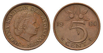 Нидерланды 5 центов 1980 Юлиана (1948-1980) KM 181 бронза 192-1114