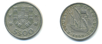 ПОРТУГАЛИЯ 5 ЭСКУДО 1967ПАРУСНИК KM 591 медно-никель 86-1223