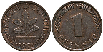 ФРГ 1 пфенниг 1972 F KM 105, J.380 сталь плакированная медью 99-324