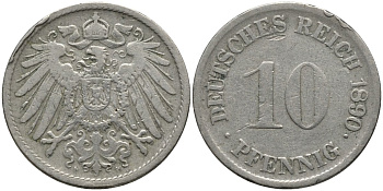 Германия 10 пфеннигов 1890 F KM 12 медно-никель 4171-242