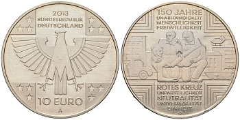 Германия 10 евро 2013 A, 150 лет Красному Кресту KM 320 медно-никель UNC 11-082-31