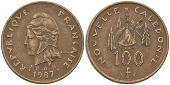 Французская Новая Каледония 100 франков 1987 хижина среди сосен и пальм, (IEOM) KM 15, Schoen 16, Lec 135 никель латунь 4137-1013