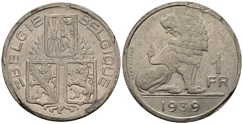 Бельгия 1 франк 1939 Belgie - Belgique KM 120 никель 217-542