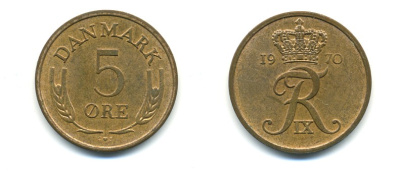 ДАНИЯ 5 ЭРЕ 1970 C; S, ФРЕДЕРИК IX (1947-1972) KM 848.1 бронза 80-341