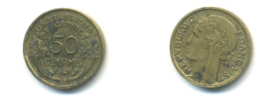 ФРАНЦИЯ 50 САНТИМОВ 1941 ТИП MORLON KM 894.1, LE FRANC 192.18 алюминиевая бронза 86-1743