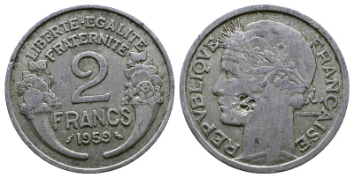 ФРАНЦИЯ 2 ФРАНКА 1959 KM 886a.1, LE FRANC 269.19 алюминий 261-727