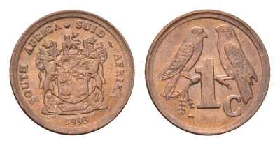 ЮАР 1 цент 1993 герб, капские воробьи KM 132 сталь плакированная медью UNC 4682-1035