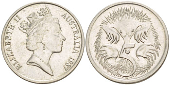 АВСТРАЛИЯ 5 ЦЕНТОВ 1987 ЕЛИЗАВЕТА II (1952-), ЕХИДНА KM 80 медно-никель 4528-138