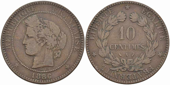 ФРАНЦИЯ 10 САНТИМОВ 1886 A, ТРЕТЬЯ РЕСПУБЛИКА (1871-1940) KM 815.1, LA FRANC 135.30 бронза 97-946