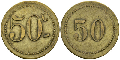 Франция 50 сантимов XIX-XX век ресторанный жетон латунь 4166-1221