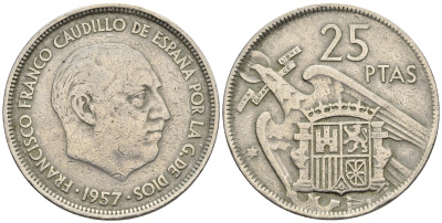 Испания 25 песет 1957 (64) Франсиско Франко (1939-1975) KM 787 медно-никель 85-754