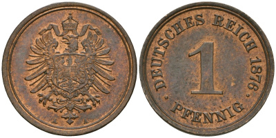 Германия 1 пфенниг 1876 A, Вильгельм I (1871-1888) KM 1, J. 1 медь 4608-538