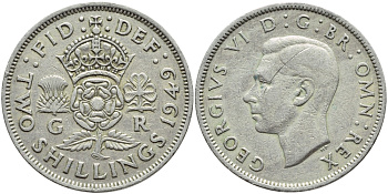 Великобритания 2 шиллинга (флорин) 1949 Георг VI (1936-1952) KM 878, Spink 4107 медно-никель 4394-1042
