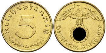 Германия 5 рейхспфеннигов 1938 A KM 91, J.363 алюминиевая бронза 4585-653