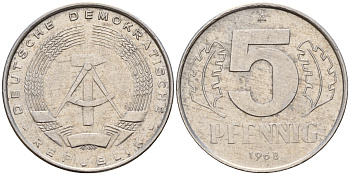 ГДР 5 пфеннигов 1968 А KM 9.1 алюминий    4160-1269