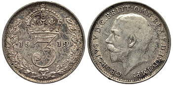 Великобритания 3 пенса 1919 Георг V (1910-1936) KM 813, Spink 4015 серебро 4528-513