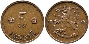 ФИНЛЯНДИЯ 5 ПЕННИ 1935 KM 22 медь 4387-417