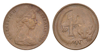 Австралия 1 цент 1969 Елизавета II (1952-2022), молодой портрет, опоссум KM 62 бронза 4585-218