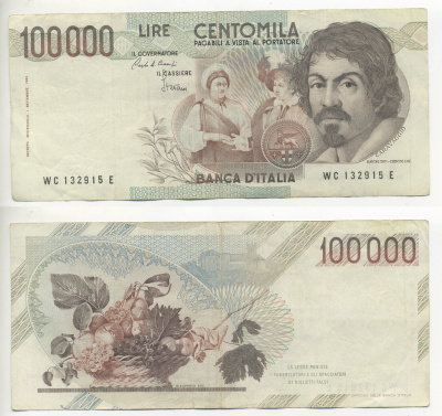Италия 100000 лир 1983 Караваджо, фруктовый букет, подпись Speziali Pick 110b бумага 7220-31-1