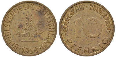 ФРГ 10 пфеннигов 1950 J KM 108, J. 383 сталь плакированная латунью 4132-541