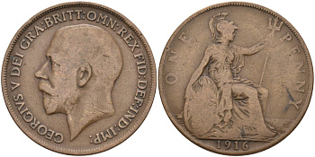 Великобритания 1 пенни 1916 Георг V (1910-1936) KM 810, Spink 4051 бронза 4572-1213