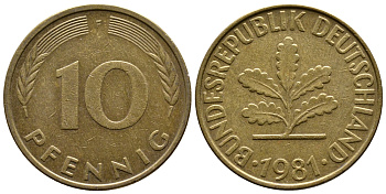 ФРГ 10 ПФЕННИГОВ 1981 F KM 108, J. 383 сталь плакированная латунью 56-1016