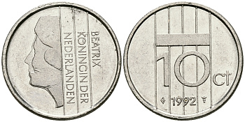 НИДЕРЛАНДЫ 10 ЦЕНТОВ 1992 БЕАТРИКС KM 203 никель 96-552