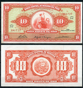 Перу 10 солей 1965 сидящая свобода, American Bank Note Company Pick 88  бумага  аUNC  3295-32-1-1