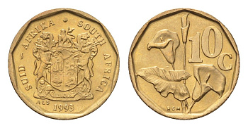 ЮАР 10 центов 1993 герб, цветок алоэ KM 135 сталь плакированная бронзой UNC 4694-657