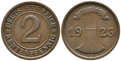 ГЕРМАНИЯ 2 РЕНТЕНПФЕННИГА 1923 G KM 31, J. 307 бронза 24-357