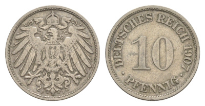 Германия 10 пфеннигов 1907 F, Вильгельм II (1888-1918) KM 12, J. 13 медно-никель 4644-1164