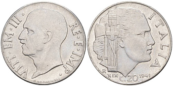 ИТАЛИЯ 20 ЧЕНТЕЗИМО 1941 R, ГОД XIX, ВИКТОР ЭММАНУИЛ III (1900-1946) KM 75b, VEM3. 1028 нержавеющая сталь 3853-1042