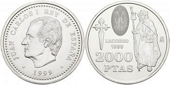 Испания 2000 песет 1999 Святой Иаков, стоящий пилигрим с посохом KM 1011 серебро UNC 1521-1215