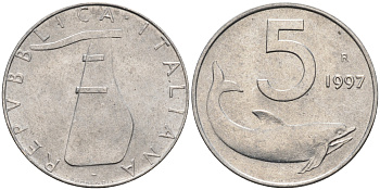Италия 5 лир 1997 R, дельфин KM 92 алюминий  UNC  4594-663